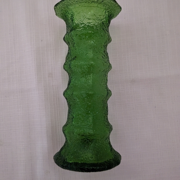 Green hand blown glass vase crackle finish ribbed 7" MCM - Picture 4 of 5